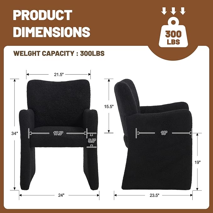 CIMOTA Boucle Dining Chairs Set of 6, Sherpa Upholstered Accent Chairs with Arms/Wood Legs, Comfortable Kitchen Chairs for Living/Reception/Dining Room, Black