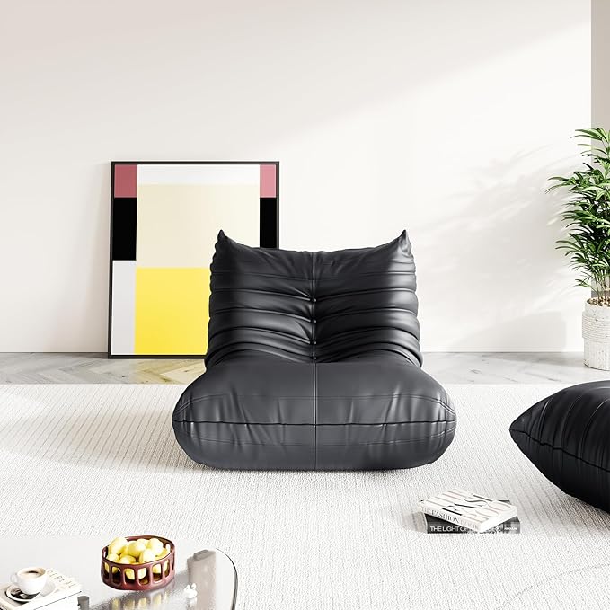 Fireside Corner Bean Bag Chairs for Adults,Comfy Lazy Floor Sofa Couch, Soft Lounge Foam-Filled Single Chair for Living Room Bedroom Office,Black