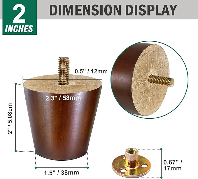 FoDau770 Brown Rubber Wood Furniture Legs 2 Inches, Straight Tapered Wood Feet Mid Century Sofa Legs Set of 4, 5/16" UNC Furniture Feet for Cabinet Couch Dresser Chair Ottoman Table