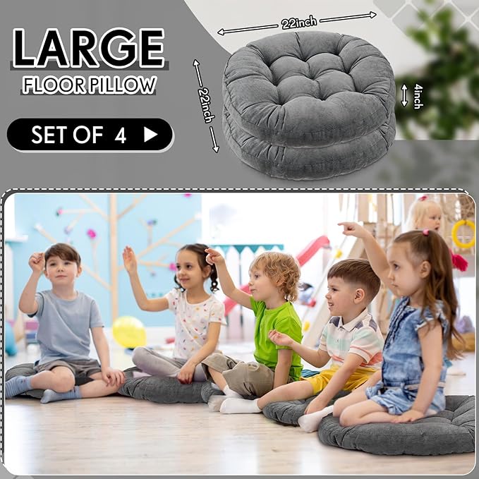 Jerify Floor Pillow Cushions 22 x 22 Inch Round Square Large Meditation Floor Pillow for Classroom Adult Meditation Picnic Party Cushion for Seating Gift Christmas(Round,Dark Gray,2 Pcs)
