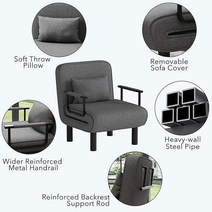 Furniliving 4 in 1 Folding Sofa Bed Chair, Convertible Sleeper Chair Bed with 6-Position Adjustable Backrest, Upholstered Chaise Lounge with Pillow, Accent Chairs for Bedroom, Linen, Darkgrey, 2