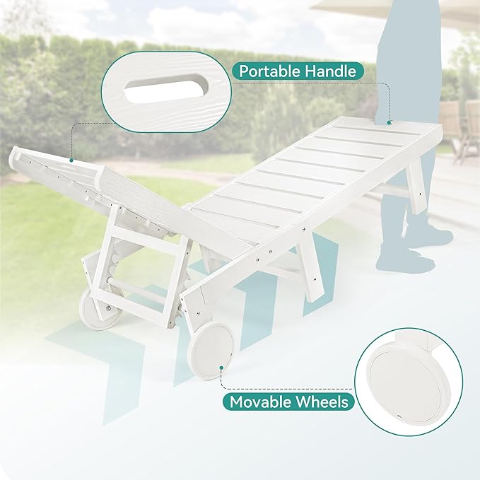 Homenjoy Outdoor Chaise Lounge Chairs with Table, 2-Piece, 26.8” Super Wide Lounge Chair Outdoor, HDPS Pool Chairs with 5 Positions, Patio Lounge Chair with Wheels for Pool,Lawn,Backyard, White