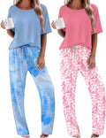 Ekouaer 2 Pack Womens Pajama Sets Short Sleeve Tops and Long Pants Casual Comfy Pjs Lounge Set with Pockets,S-XXL