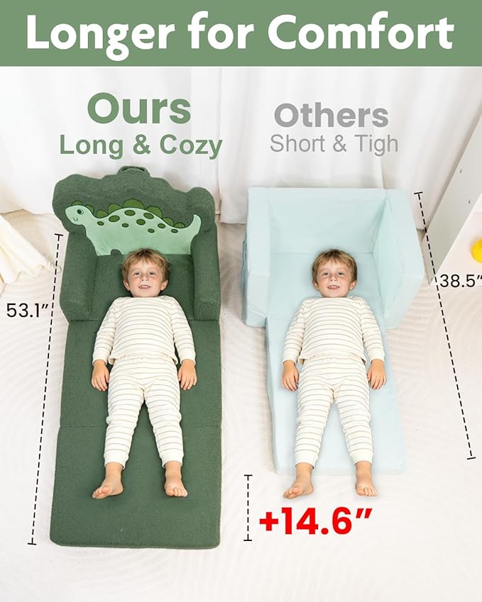 TinyPalsa Kids Couch, Convertible Sofa to Lounger Fold Out, Green Dinosaur Design Chair for Toddlers 1-3, Gift for Movie Night, Camping, and Napping