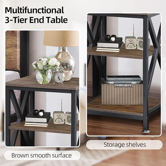 End Tables Living Room Set of 2 Farmhouse, Side Table with Storage Shelf, 16" W x 12" D x 24" H, X-Shaped Night Stands for Bedrooms, Espresso Side Table, End Tables Wood and Metal
