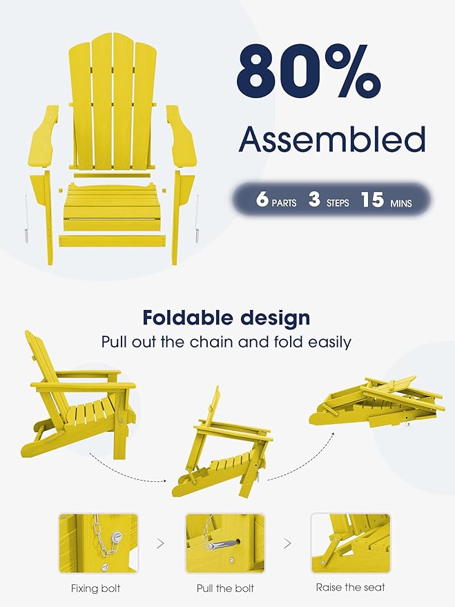 KINGYES Folding Adirondack Chair Set of 6, HDPE All-Weather Folding Adirondack Chair, Yellow