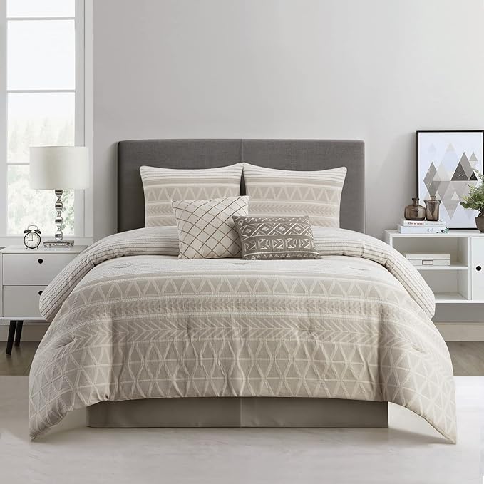 Grand Avenue Cotton California King Size Comforter Set, 6 Piece, Beige Geometric Jacquard Bedding Set, Bedskirt, Pillows & Shams, Home Decor