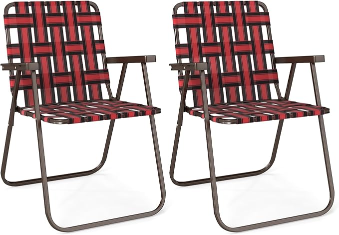 GYMAX Lawn Chair Folding, Webbed Beach Lounge Chairs Set with Highback, Outdoor Portable Lightweight Camping Dinning Chair for Patio, Lawn, Poolside, Sports, Garden, Backyard (2,Red)