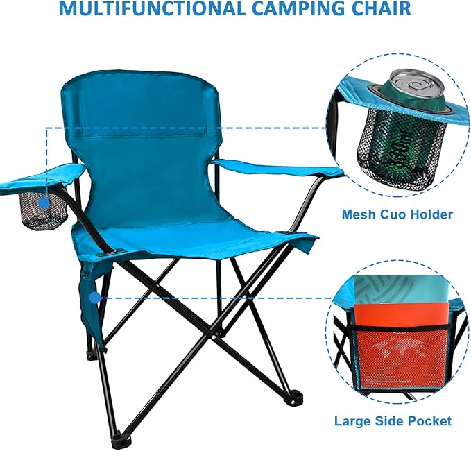 SAILARY Folding Camping Chair with Cup Holder and Cooler Bag, 225lbs Capacity, Upgraded Portable Foldable Chair with Heavy Duty Steel Frame for Outdoor, Beach, Fishing, Backpacking, Sky Blue 2PCS