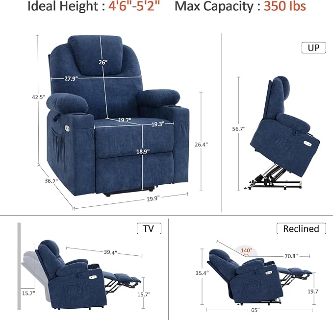 MCombo Small Power Lift Recliner Chair for Elderly, Petite Power Lift Chair with Heat and Massage for Seniors, Cup Holders, USB & Type C Ports, Fabric 7141 (Admiral)