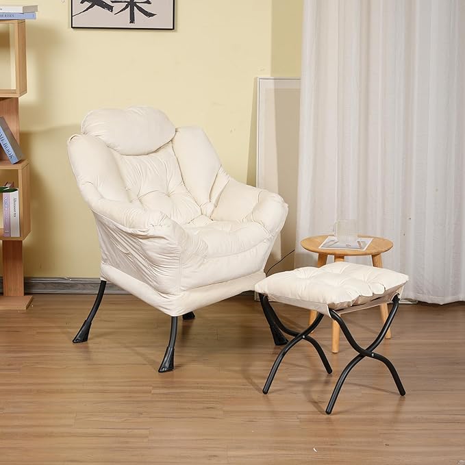 Modern Lazy Chair with Ottoman, Comfortable Lounge Chair for Bedroom, Chair and Ottoman Set, Lounge Accent Chair with Footrest for Bedroom, Garden and Courtyard (White)