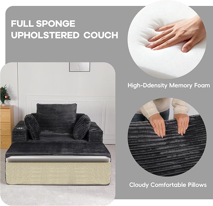 54"W Oversized Chaise Lounge Chair Indoor, Boneless Chaise Lounge Couch, Convertible Comfy Reading Chairs, Compression Sofa with Ottoman, Corduroy Sleeper Couch Chair for Living Room, Dark Grey