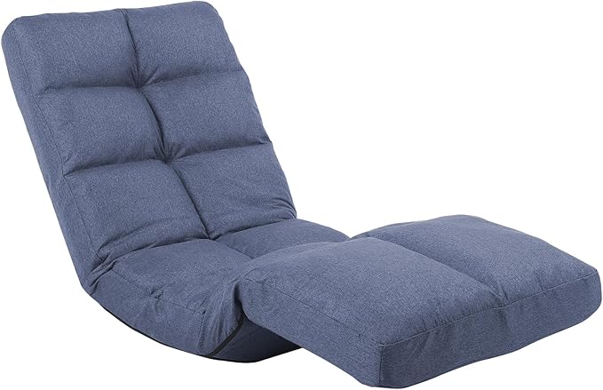 Floor Chair with Footrest Adjustable Backrest with 14 Positions Footrest 5-Position Adjustment Foldable Floor Gaming Chair for Easy Storage Linen Fabirc Chaise Lounge 086 (Blue)