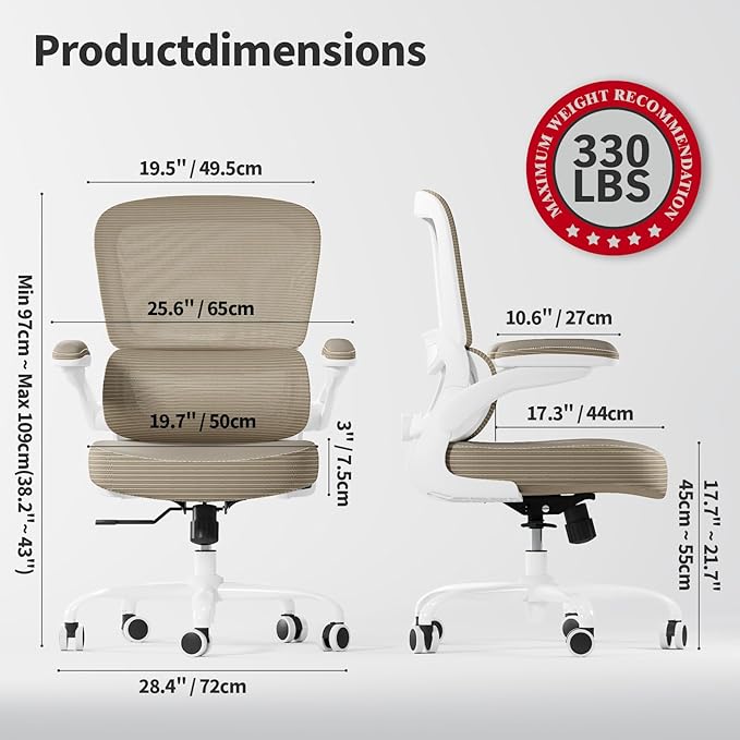 TRALT Ergonomic Office Chair - Desk Chair with Adjustable Lumbar Support Computer Chair - Mesh Comfy Chair with Flip-up Armrests - Gaming Chairs for Adults Home Office (PU Leather, Khaki)