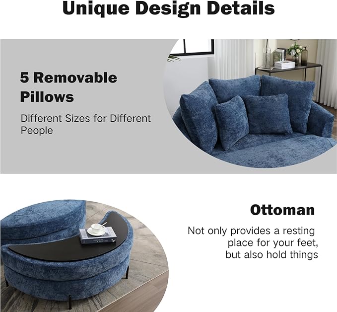 Chifee & Vingol 59.8" W Oversized Accent Barrel Chair Large Round Chair with Ottoman & Movable Wheels,Blue