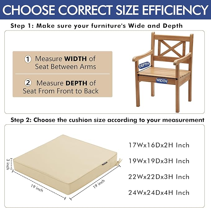 Outdoor Chair Cushions 19 x 19 Inch Waterproof Patio Chair Cushions with Tie 5 Year Color Fastness Thick Outdoor Seat Cushion for Garden Lawn Patio Furniture Beige Set of 2