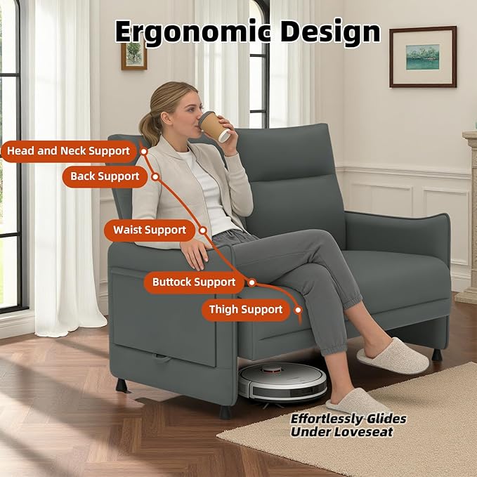 Faux Leather Loveseat, Upholstered Loveseat with Hidden Foldable Tray & Side Pocket, Front Contour Arm Design, Modern 2-Seater Sofa Couch for Compact Spaces, Gray