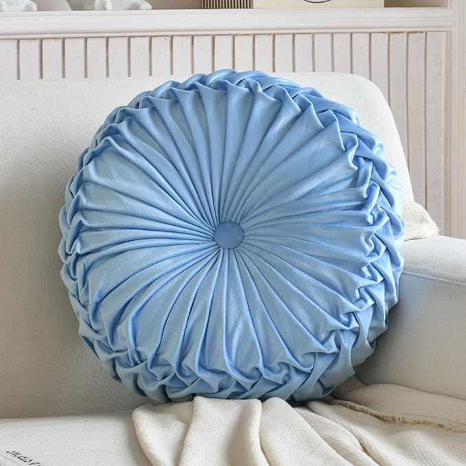 Teieas 2 Pcs Round Throw Pillows Decorative Pumpkin Velvet Boho Pleated Bed Pillows Back Support for Couch Chair Dorm Car 14.96'' (Sky Blue)