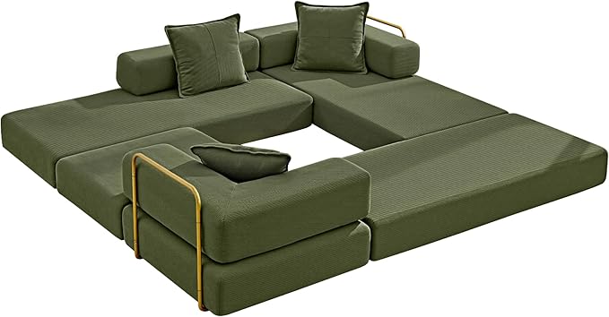 108" Convertible Sleeper Sofa Bed, Corduroy Folding Sofa Bed with Fixed-Shape Frame, Fold Out Floor Mattress Couch, Lazy Compression Sofas for Living Room, Bedroom, No Assembly Required,Green