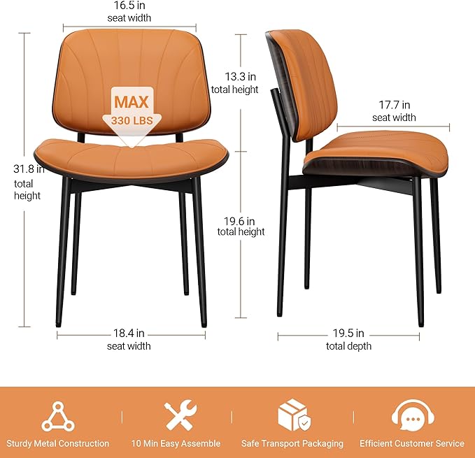 Dining Chairs Set of 2, Mid-Century Modern Upholstered PU Leather Chairs with Walnut Back and Metal Legs Adjustable Feet for Kitchen Dining Room, Orange Shell Strips