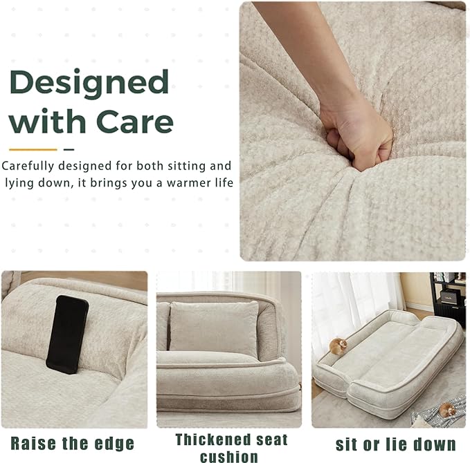 Foldable Lazy Sofa Bed, Chenille Upholstered Human Dog Bed for Adults, 2 in 1 Convertible Floor Sofa with 5 Adjustable Backrest Positions and Soft Cushions for Living Room (Beige)