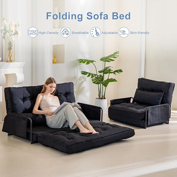 YOSHOOT Adjustable Lazy Floor Sofa, Folding Couch Bed with 5 Positions Adjustable Backrest, Convertible Bean Bag Sofa Bed Couch Foldable Sleeper Chair with Pillow for Reading Gaming（Black, Single）