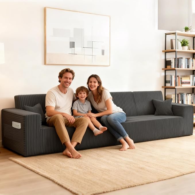 Komusou 142" Boneless Couch, Cloud Modular Sectional Sofa 4-Seat, Modern Upholstered Couches for Living Room Bedroom No Assembly Required (Grey, 4 Seaters)