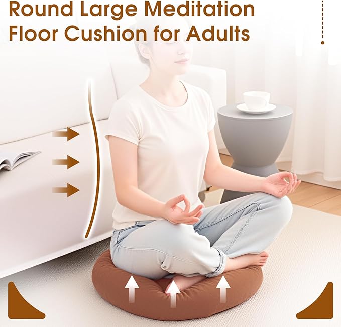 2Pcs Floor Pillows for Adults, 22x22 Inch Meditation Cushions, Large Round Sitting Cushion Living Room Memory Foam Pillow for Sitting (1, Brown, 22x22x4 Inch)