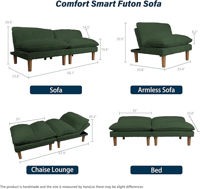 2 Sets 69" Futon Sofa Bed, 4 in 1 Multi-Function Couch Sleeper with Adjustable Backrest, Modern Convertible Futon, Recliner Small Loveseat for Living Room, Plush Green