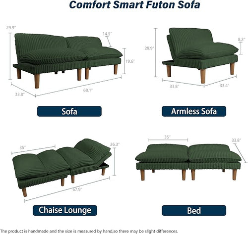 2 Sets 69" Futon Sofa Bed, 4 in 1 Multi-Function Couch Sleeper with Adjustable Backrest, Modern Convertible Futon, Recliner Small Loveseat for Living Room, Plush Green