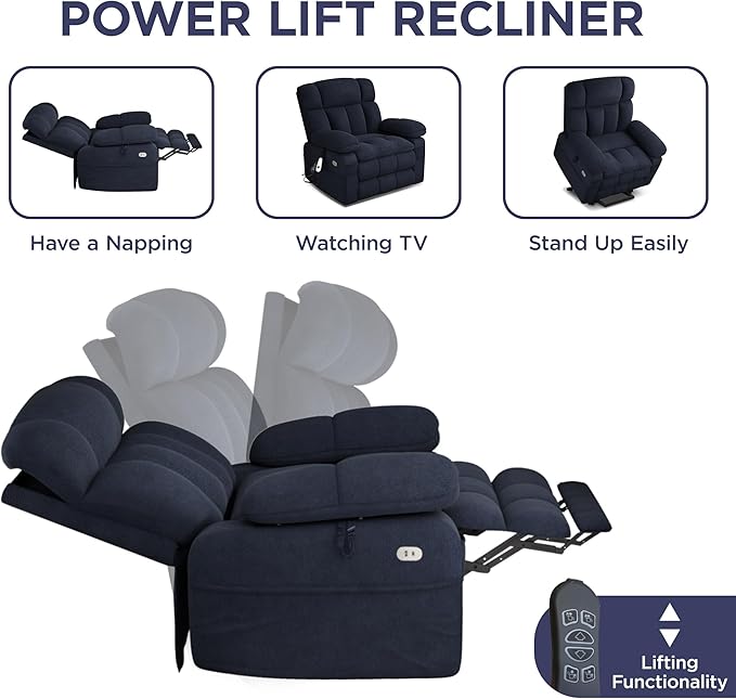 Dual Motor Power Lift Recliner Chair for Elderly with Adjustable Headrest,Extra Wide Recliner Chair with Massage,Lay Flat Recliner with Extended Footrest,Cup holder,Storebox,USB&Type-C Ports,Navy Blue