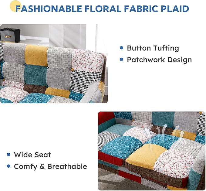 Bonzy Home Modern Boho Loveseat Couch Sofa Chair for Living Room Bedroom, Upholstered Colorful Plaid Fabric 2-Seat Love Seat Sofa with Wood Leg for Small Space, One Loveseat