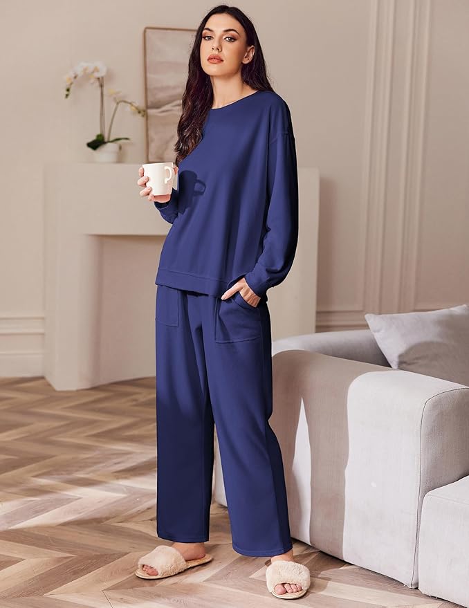 Ekouaer Womens Tracksuits 2 Piece Long Sleeve Outfits Micro Fleece Sweatsuit Sets Wide Leg Sweatpants
