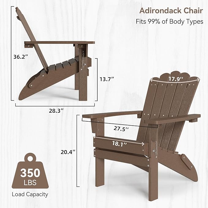 Adirondack Chairs, Folding Chairs Set of 2, Weather-Resistant Patio Chair with Wide Armrests & High Backrest, Fire Pit Chair for Garden, Backyard, Porch (Brown)