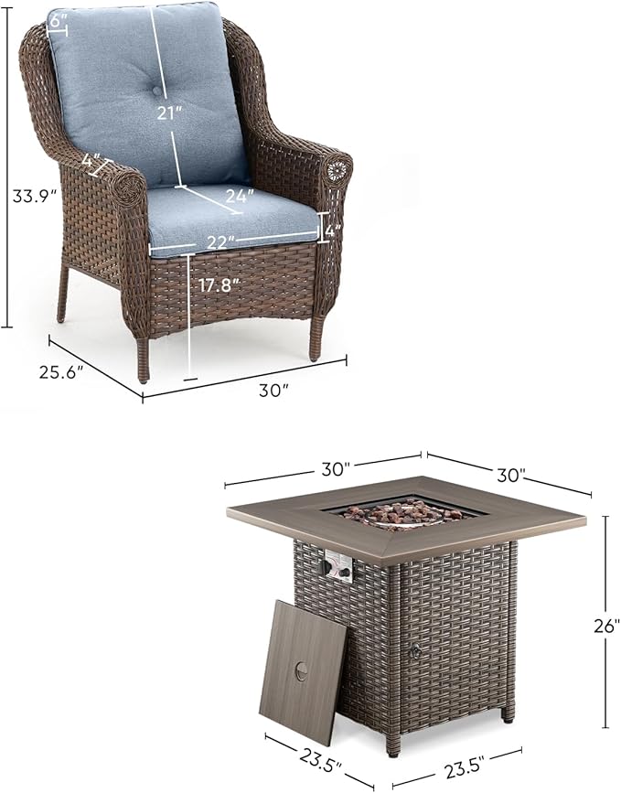 ACTREST Outdoor Patio Chairs with Fire Pit Table 5 Piece Set - High Back Brown Wicker Rattan Lawn Chair with Thick Cushion for Porch Apartment Deck Yard Poolside Garden - Baby Blue