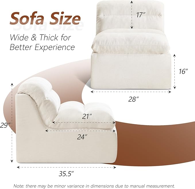 WUTUTUEE Boneless Chair, Double-Layer Armless Floor Sofa with High Density Memory Foam, No Assembly Togo Sofa, Chenille Bean Bag Chairs for Living Room, Bedroom, Comfy Cloud Chair (Beige)