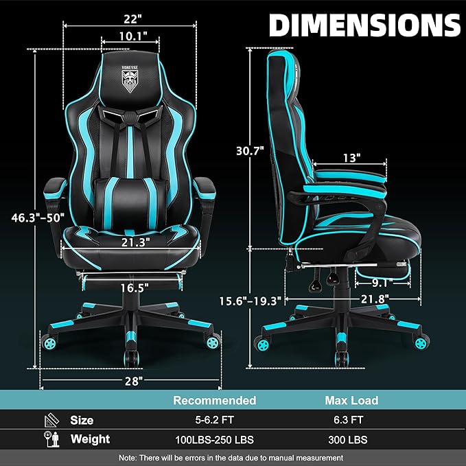 Vonesse Gaming Chairs for Adults, Gaming Chairs with Footrest and Massage, Reclining Computer Chair for Heavy People,Big and Tall Ergonomic Gamer Chair with Lumbar Pillow(Teal/Cyan)