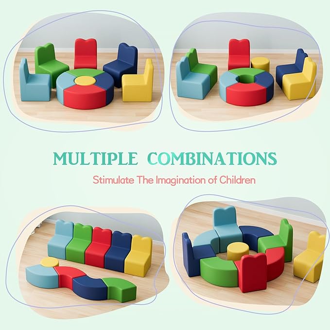 UMOMO MX-01 10 PCS Kids Sofa Set, Daycares Chairs for Toddlers Activities, Colorful Modular Flexible Seating Set for Home Preschool Playroom