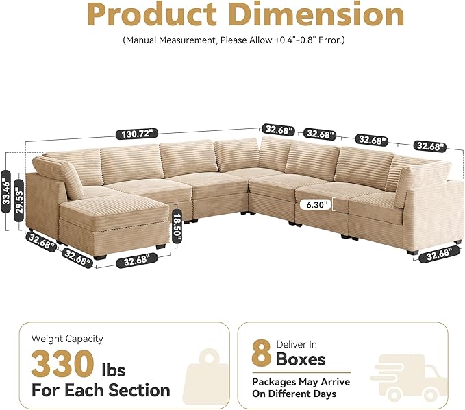 CAODOC Large 8 Seat Modular Sectional Sofa with Ottoman Seat Corduroy Sleeper Sectional Sofa Bed Oversized Convertible Modular Couch for Living Room