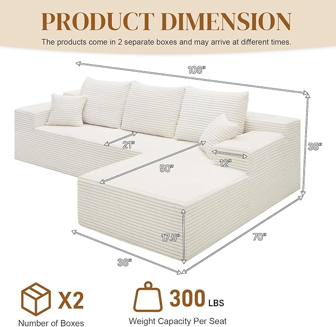108" Boneless Cloud Sectional Couches for Living Room, Comfy Fluffy L Shaped Memory Foam Deep Seat Boneless Couch, Modular Sectional Sofa with Right Facing Chaise, White