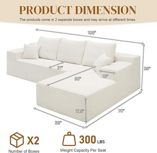 108" Boneless Cloud Sectional Couches for Living Room, Comfy Fluffy L Shaped Memory Foam Deep Seat Boneless Couch, Modular Sectional Sofa with Right Facing Chaise, White