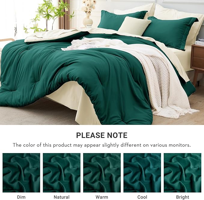 MUXHOMO 7 Pieces King Comforter Set, Soft Bed in a Bag King Size, All Season Bedding Set with Comforter, Flat Sheet, Fitted Sheet, Pillowcases & Shams, Peacock Blue & Ivory