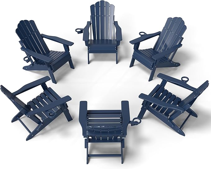 FOOWIN Adirondack Chair Set of 6, Folding Adirondack Chair with Cup Holder, HDPE All-Weather Fire Pit Chair for Patio, Garden, Backyard, Poolside, Navy Blue
