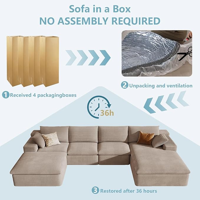 136" Cloud Sectional Couch with U-Shaped Chaise,Corduroy Viral Boneless Sofa with Ottoman,Memory Foam Couches in a Box with Deep Seat for Living Room,No Assembly Required (Camel,Right-Facing Chaise)