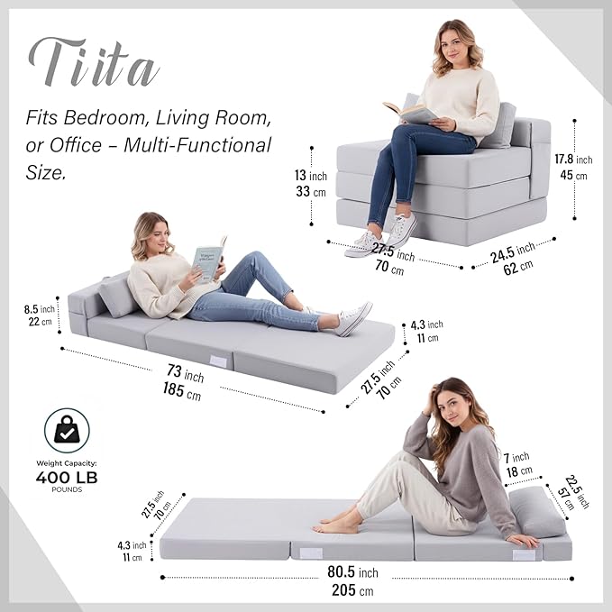 Tiita Folding Sofa Bed-Convertible Sleeper Chair with Storage Bag, Tri Foldable Mattress with Pillow, Portable Fold Out Chair Bed Floor Sofa for Living Room/Dorm/Guest Use/Travel, Single Size, Grey
