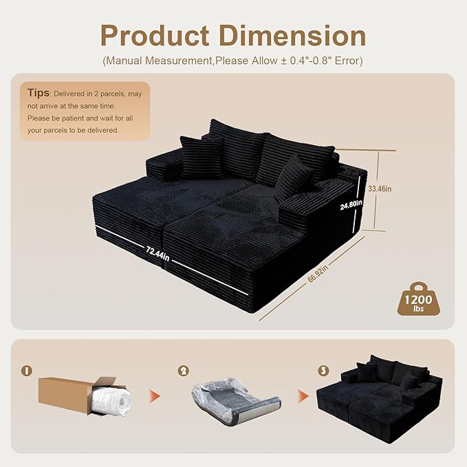 Oversized Double Chaise Lounge Chair Indoor, Upholstered 72'' Boneless Cloud Sofa Bed Sleeper Couch Loveseat, No Assembly Faux Rabbit Fur Memory Foam Reading Chair for Living Room Bedroom Black