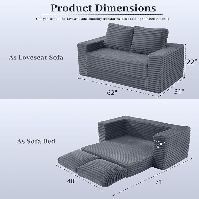 HABUTWAY Convertible Folding Sofa Bed Couch,3 in 1 Pull Out Couch Bed,Loveseat Sleeper Sofa Bed,Boneless Couches with Pillows for Living Room Bedroom, Dark Grey