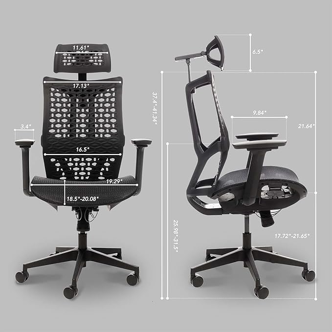 Ergonomic Office Chair with 4D Headrest, Large Mesh Desk Chair with Adjustable Seat Depth, High-Rebound Backrest, Adjustable Arms, 90°-145° Tilt Lock, Comfortable Chair for Home Office