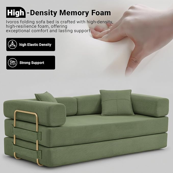 78" Convertible Sleeper Sofa Bed, Corduroy Folding Sofa Bed with Fixed-Shape Frame, Fold Out Floor Mattress Couch, Lazy Compression Sofas for Living Room, Bedroom, No Assembly Required, Green