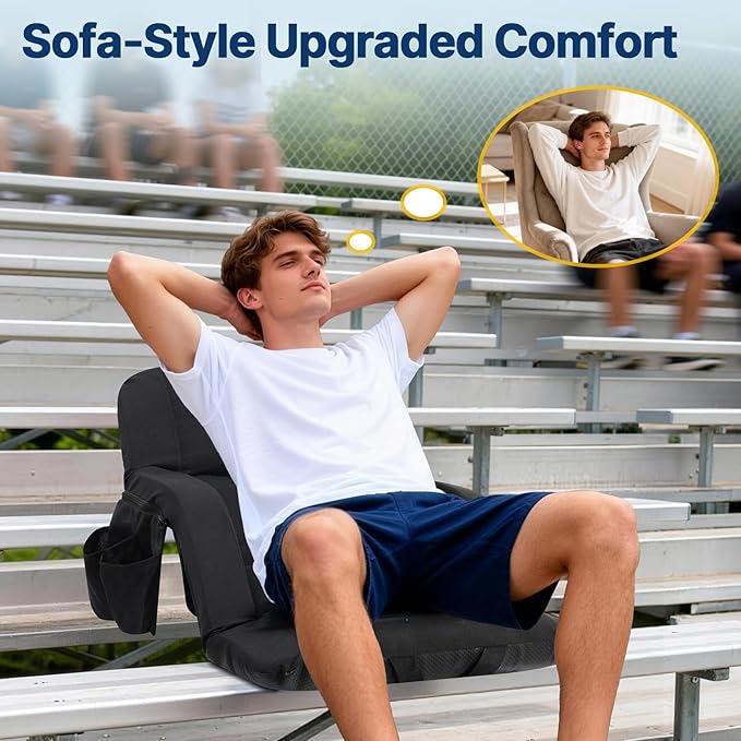 DEKEMASTER Stadium Seats with Back Support, Exclusive Sofa Style Design 25inch Wide Bleacher Chairs with Extra Thick Back and Cushion, 6 Reclining Positions for Sport Events Camping